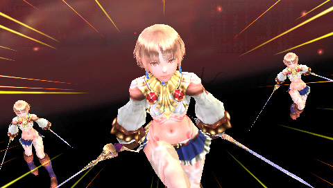 画像集#007のサムネイル/レンの奥義「金色冠」をスクリーンショットでチェック! カプコン,PSP用RPG「LAST RANKER」の主人公ジグとヒロイン レンとの対決シーンを公開