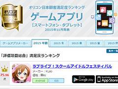 オリコンの「2015年 ゲームアプリ年間ランキング」評価項目総合1位は「ラブライブ!スクフェス」が獲得。開発元のKLabもメーカーランキングでトップに