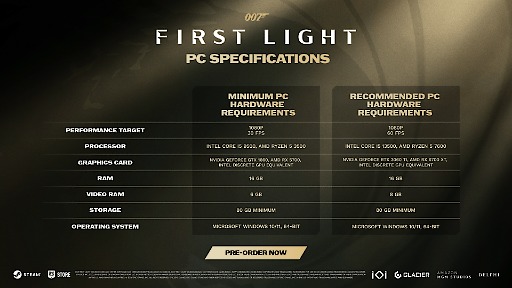 画像ギャラリー No.002のサムネイル画像 / PC版「007 First Light」，要求スペックの修正版を公開。1080p/60fps要件では，メモリは32GBから16GBに，VRAMは12GBから8GBに修正