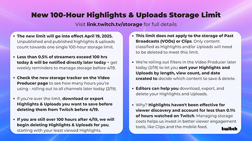 画像集 No.003のサムネイル画像 / Twitch，ダイジェストとアップロード機能を1アカウントにつき「合計100時間」とするストレージ制限を4月19日から導入